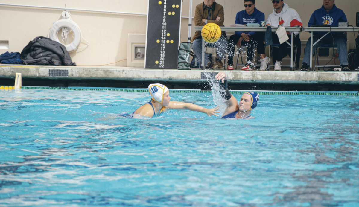 SJSU (15) Renee Fleming attempts to pass to teammate while (16) UCLA Maile Turner defends on Saturday afternoon.
